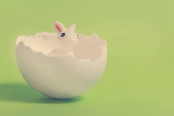 Small white toy rabbit in the eggshell on a green background