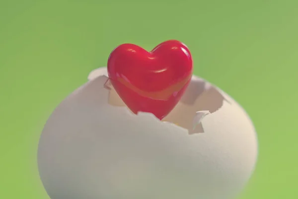 红色的心从一个白色的蛋壳在绿色背景 — 图库照片