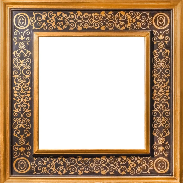 Moldura Quadrada Madeira Dourada Com Ornamento Isolado Branco — Fotografia de Stock