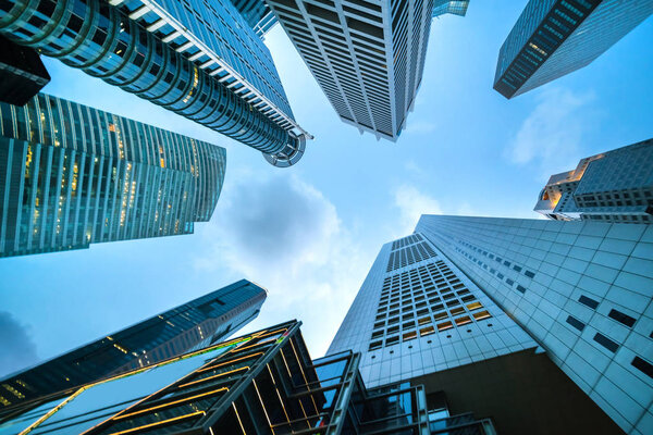 Bottom view of modern skyscraper. Business district