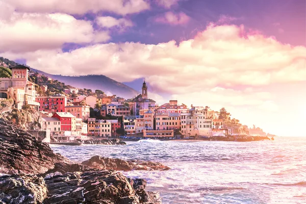 Vista Panorâmica Bogliasco Pôr Sol Aldeia Dos Pescadores Riviera Liguriana — Fotografia de Stock