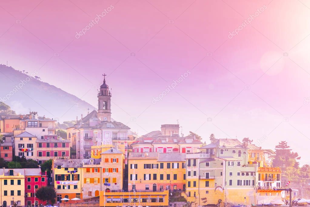 Picturesque view of Bogliasco at sunset, small sea village near Genoa (northern Italy), Ligurian Riviera