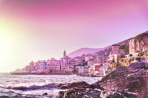 Gün Batımında Bogliasco Kıyı Şeridi Liguria Genova Bölge Talyan Rivierası — Stok fotoğraf