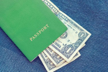 Bir mavi Tekstil arka plan yeşil pasaportla dolar