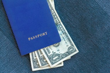 Bir mavi Tekstil arka plan mavi pasaportla dolar