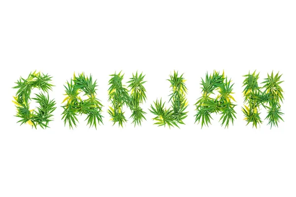 Word Ganjah Made Green Cannabis Leaves White Background Isolated — Stock Photo, Image