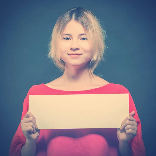 Cheerful Blonde Girl Teenager Red Blouse Holding Blank White Poster — Stock Photo, Image