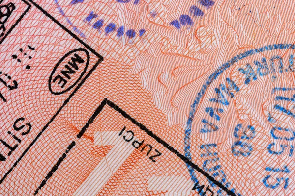 Visa Stamps in a passport, background, close-up