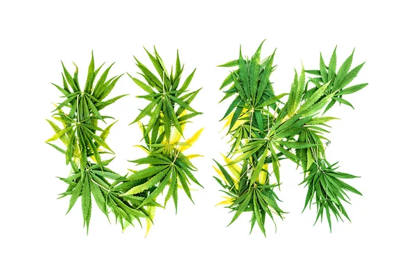 Palabra Reino Unido Hecha Hojas Cannabis Verde Sobre Fondo Blanco —  Fotos de Stock