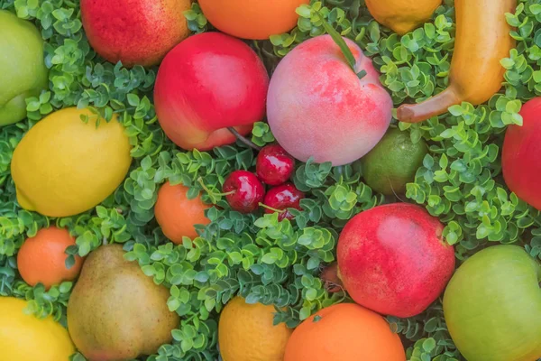Yeşil Çimen Arka Plan Üzerinde Renkli Meyve Karışımı — Stok fotoğraf
