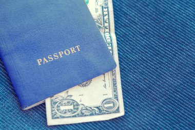 bir mavi Tekstil arka plan mavi pasaportla 1 dolar