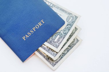 Beyaz bir arka plan mavi pasaportla dolar yakın çekim