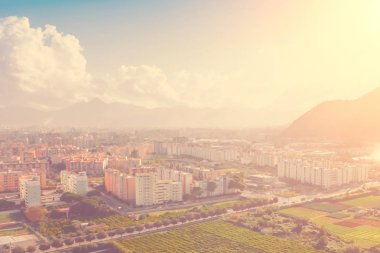 Üstten görünüm şehir ve bahçelerin güneş ışığı altında Palermo, Sicilya, İtalya