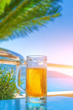 Palmiye ve deniz arka plan üzerine bira kupa yaprakları