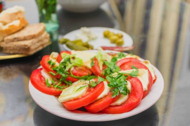 Mozzarella peyniri beyaz tabakta domates ile