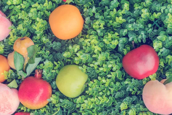 Kleurrijke Vruchten Groen Gras Achtergrond — Stockfoto