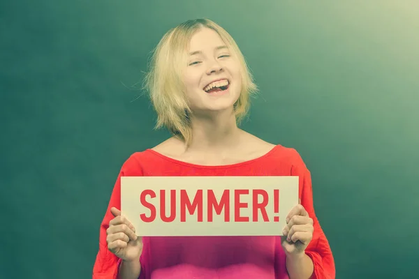 Happy Blonde Girl Teenager Red Blouse Holding White Poster Inscription — Stok fotoğraf