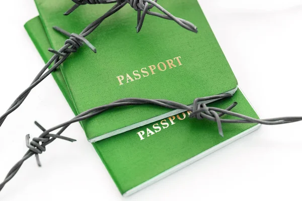 Green Passport Achter Prikkeldraad Een Witte Achtergrond — Stockfoto