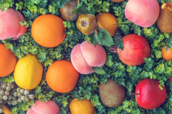 Yeşil Çimen Arka Plan Üzerinde Çeşitli Renkli Meyve — Stok fotoğraf
