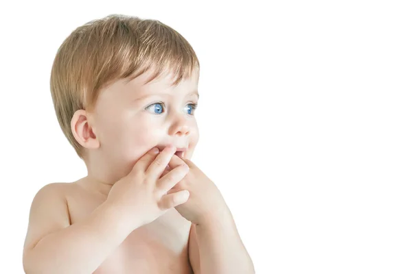 Portrait Blonde Baby Boy Blue Eyes White Background Isolated — Stock Photo, Image