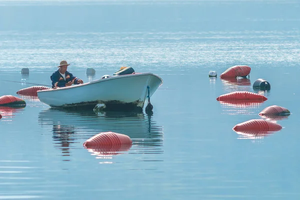 Kotor Montenegro April 2017 Lonely Fisherman Boat Fishing Red Buoys — Stock Photo, Image