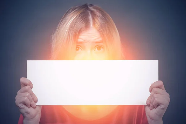 Frightened Blonde Girl Teenager Red Blouse Covering His Face Glowing — Stock Photo, Image