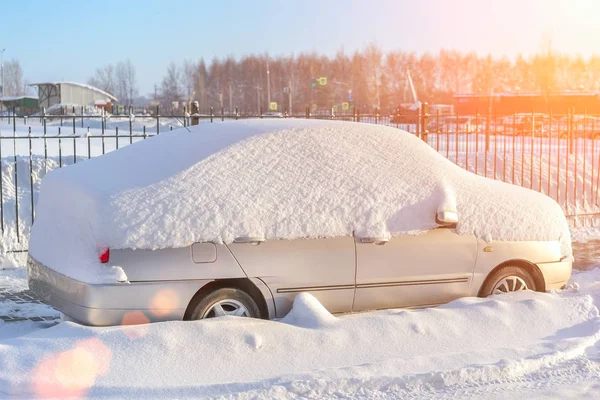 Parked White Car Covered Snow Sunlight — Stock Photo, Image