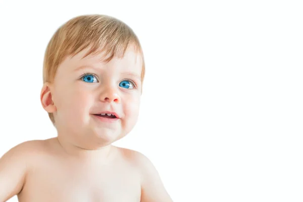 Happy Blonde Baby Boy Blue Eyes White Background Isolated — Stock Photo, Image