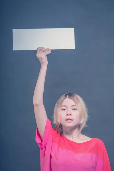 Blonde Girl Teenager Red Blouse Holding Blank White Poster Her — Stock Photo, Image