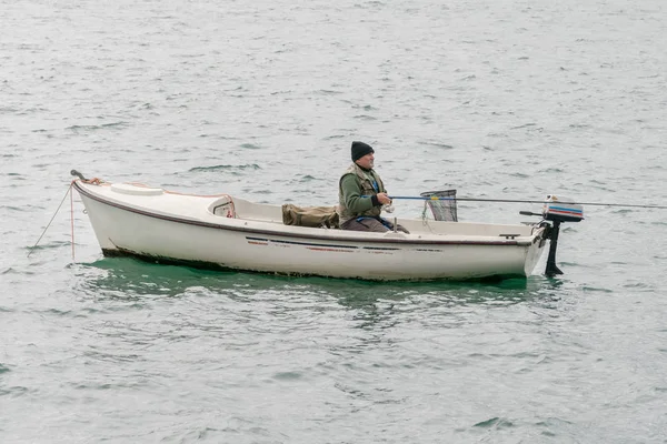 Kotor Montenegro April 2017 Lonely Fisherman Boat Fishing Sea — Stock Photo, Image