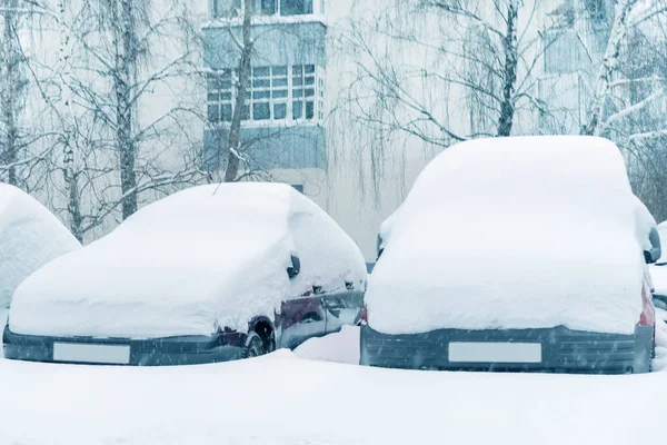 Auto Nella Neve Parcheggiate Nel Cortile Della Casa — Foto Stock