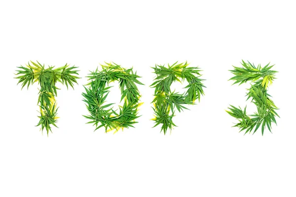 Word Top Made Green Cannabis Leaves White Background Isolated — Stock Photo, Image