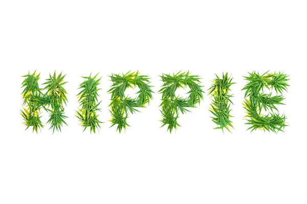 Slovo Hippie Zelené Konopné Listy Bílém Pozadí Izolovaný — Stock fotografie