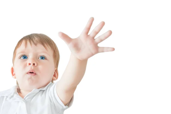 Portrait Blonde Baby Boy Blue Eyes Showing Hand Stop Gesture — Stock Photo, Image