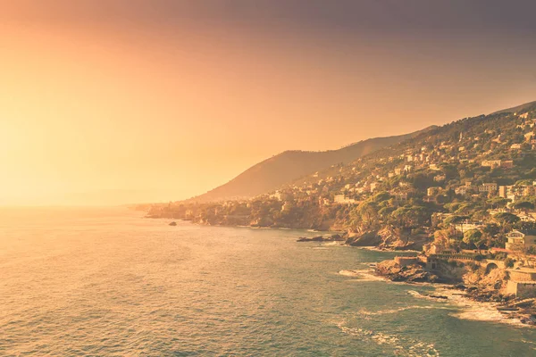 Vista Aérea Bogliasco Atardecer Pueblo Pescadores Riviera Liguria Tonificado — Foto de Stock