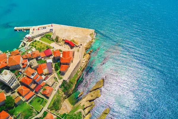 Vista Drone Das Casas Antigas Com Telhados Amarração Azulejos — Fotografia de Stock