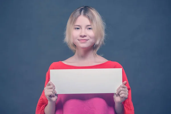 Cheerful Blonde Girl Teenager Red Blouse Holding Blank White Poster — Stock Photo, Image