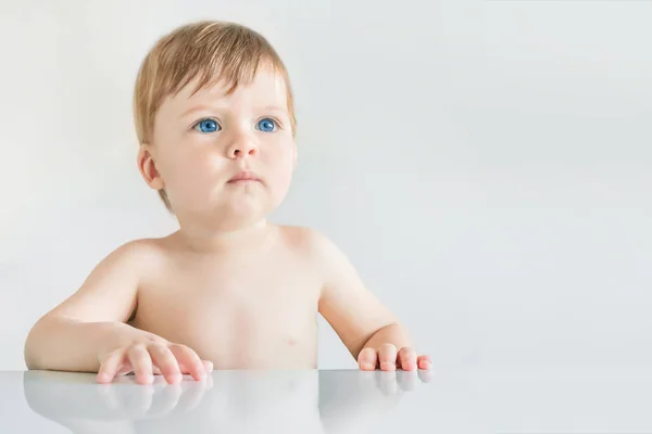 Portrait Blonde Baby Boy Blue Eyes Sitting Table — Stock Photo, Image