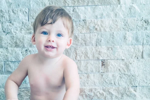 Beautiful Blue Eyed Boy Stone Wall Background Toned — Stock Photo, Image