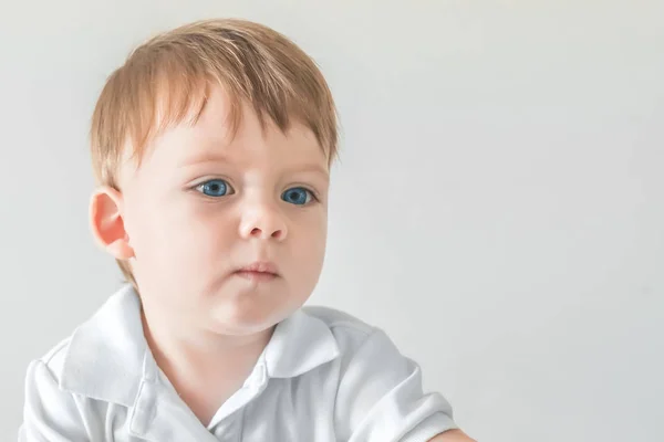 Portrait Blonde Baby Boy Blue Eyes White Polo Shirt Gray — Stock Photo, Image