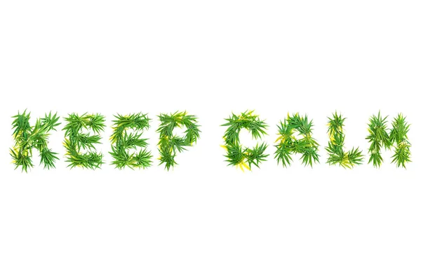 Word Keep Calm Fabriqué Partir Feuilles Cannabis Vert Sur Fond — Photo