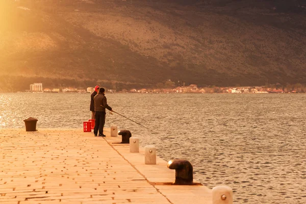 Kotor Montenegro April 2017 Two Fishermen Fishing Pier Sunrise Sunset Royalty Free Stock Photos