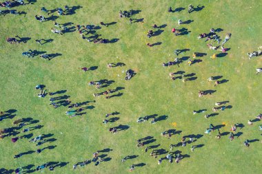 Holi renkleri Festivali'nde insan kalabalığı yükseklikten görüntülemek