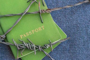 Yeşil pasaport arkasında dikenli tel bir mavi Tekstil zemin üzerine yakın çekim. Tonda