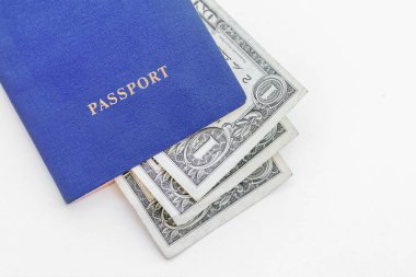 Beyaz bir arka plan mavi pasaportla dolar yakın çekim