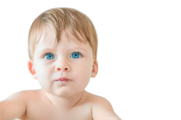 Retrato Menino Loiro Com Olhos Azuis Fundo Branco Isolados — Fotografia de Stock