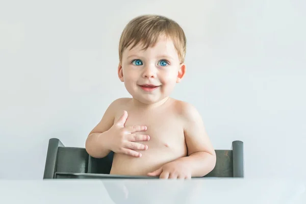 Happy Blonde Baby Boy Blue Eyes Sitting Table — Stock Photo, Image