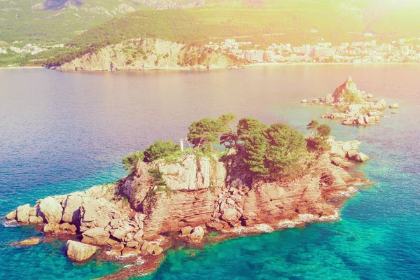 Top View Rocky Islands Church Lighthouse Sunlight — Stock Photo, Image