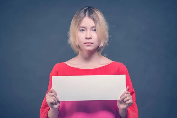 Blonde Girl Teenager Red Blouse Holding Blank White Poster Gray — Stock Photo, Image