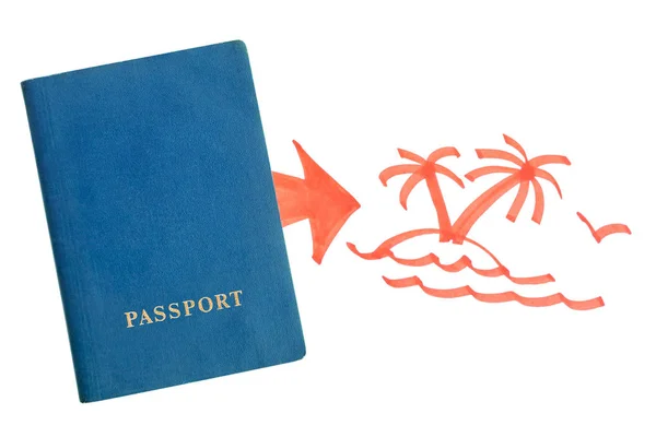 Μπλε Διαβατήριο Πορτοκαλί Βέλος Ένα Νησί Φοίνικες — Φωτογραφία Αρχείου
